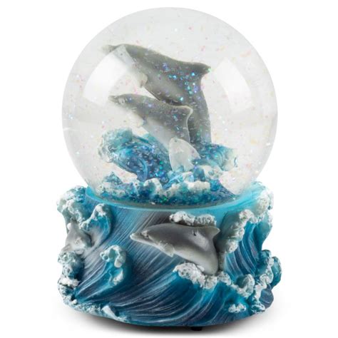 Playful Dolphins Figurine 100mm Snow Globe Plays Tune Blue Daube Waltz
