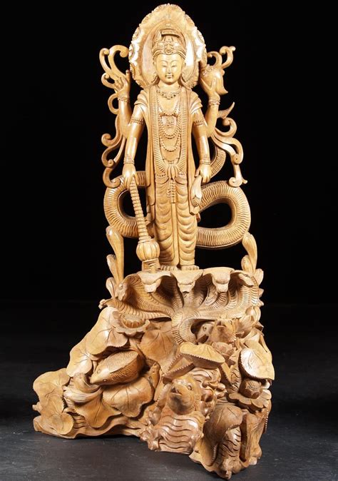 Wood Vishnu And Ananta Sesha Statue 32 Statue Lotus Sculpture Sculpture