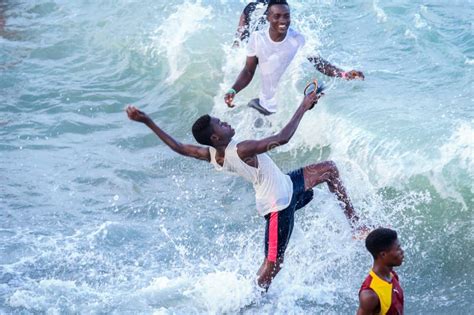 Local Ghana African People Swimming And Having Fun In The Warm Atlantic