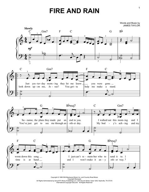 Fire And Rain Easy Piano Print Sheet Music Now