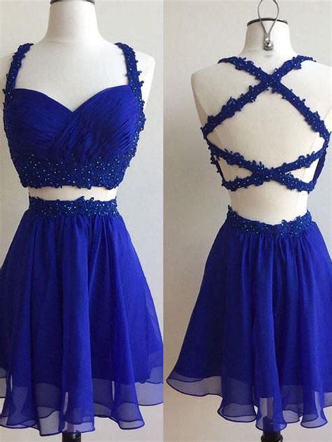 Two Piece Homecoming Dress Sexy Royal Blue Chiffon Short Prom Dress Pa