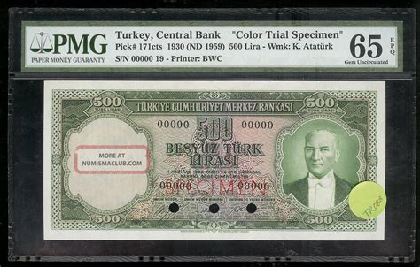 Turkey 500 Lira Color Trial Specimen 1930 P171cts Pmg 65 Epq