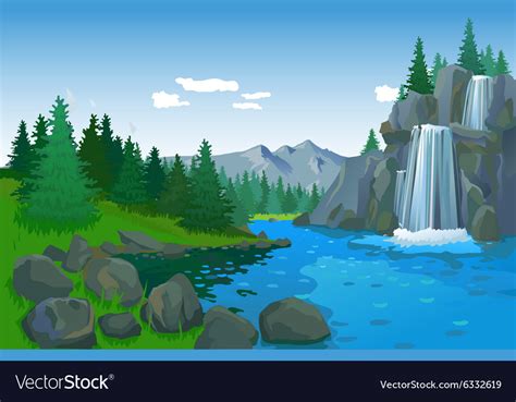Beautiful Landscape With Waterfall Royalty Free Vector Image