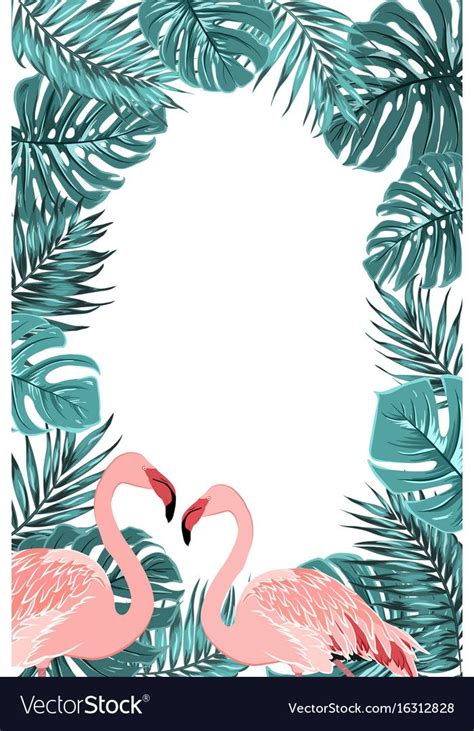 Tropical Border Frame Turquoise Leaves Flamingo Vector Image Pink
