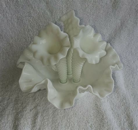 Fenton White Milk Glass Hobnail Epergne 3 Horn Flower Vase Centerpiece