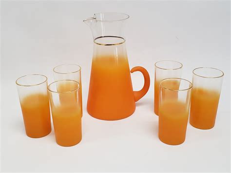 Vintage Blendo Orange Frosted 7 Piece Pitcher And Glass Set Colored Glassware Glass Glassware