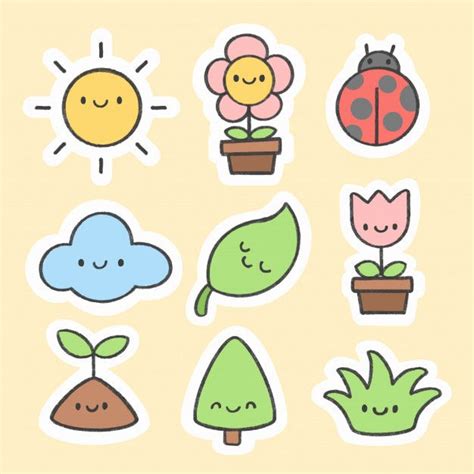 Premium Vector Cute Spring Sticker Hand Drawn Cartoon Collection