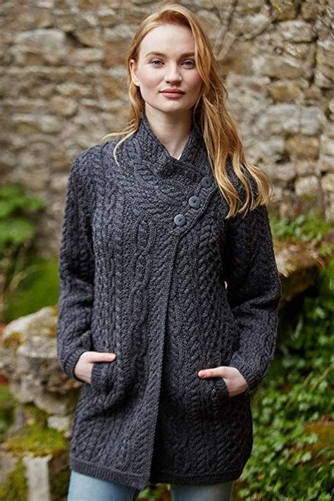 100 irish merino wool ladies 3 button aran coat by west end knitwear