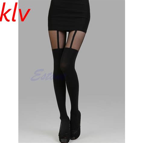 2017 tight women black fake garter belt stockings sexy lingerie thigh stocking slim net lace top