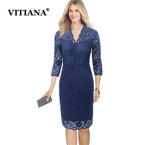 vitiana womens elegant lace casual dress autumn knee length v neck bodycon sexy cocktail party