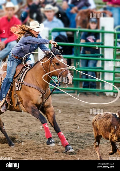 Rodeo Cowgirl On Horseback Competing In Calf Roping Or Tie Down Roping