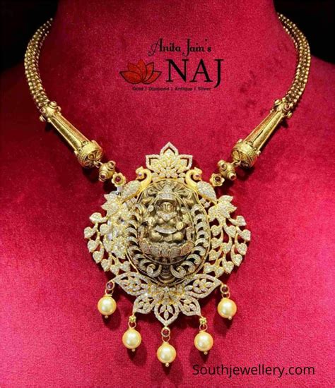 Antique Gold Necklace With CZ Lakshmi Pendant Indian Jewellery Designs
