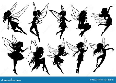 Set Of Fairies Collection Of Girls Fairy Silhouettes Black White