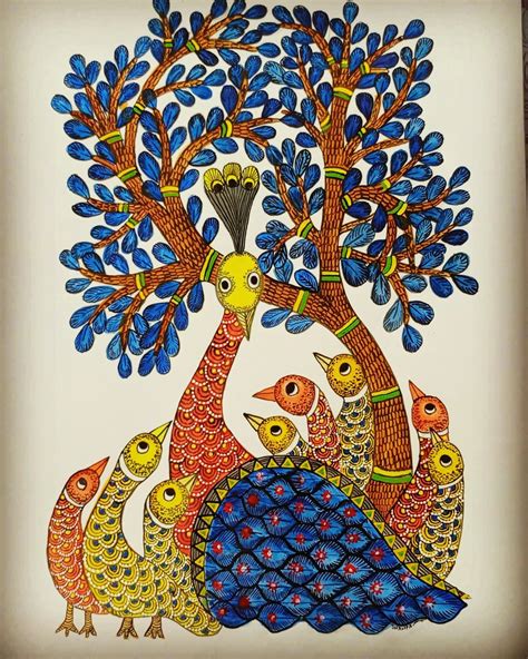 Gond Art Painting With Birds And Trees
