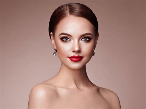 K White Background Brown Haired Face Glance Red Lips Makeup Hd