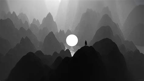 2560x1440 Black And White Moon Man Standing On Mountain Artwork 1440p
