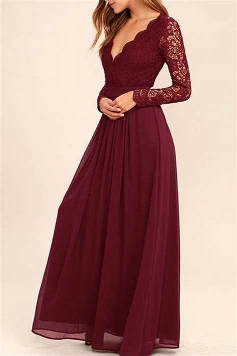Dark Burgundy Lace Long Sleeves Cheap Bridesmaid Dress Prom Dresses Ld