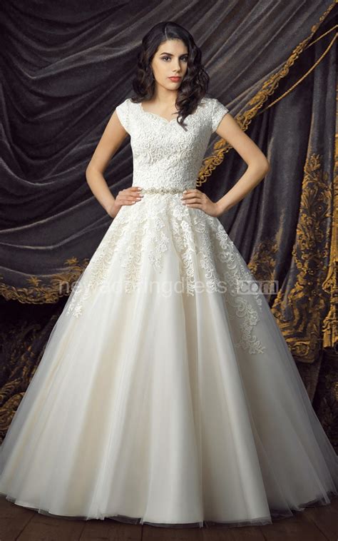 Lace Tulle Ball Gown Modest Wedding Dresses 2019 Cap