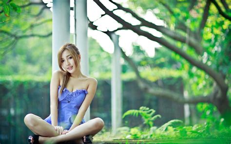 wallpaper sunlight forest women model asian sitting green spring flower beauty