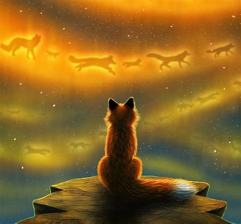 Spirit Of The Ancestors Fantasy Fox Sitting Cliff Sky Gazing