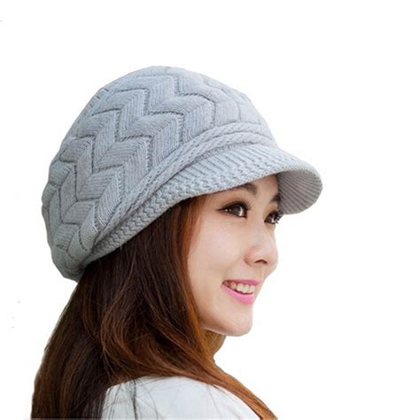Women Winter Warm Knit Hat Wool Snow Ski Cap With Visor Grey In Women