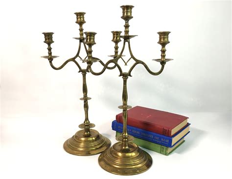 2 Vintage Tall Brass Candlesticks W 3 Candle Holders Each Ornate