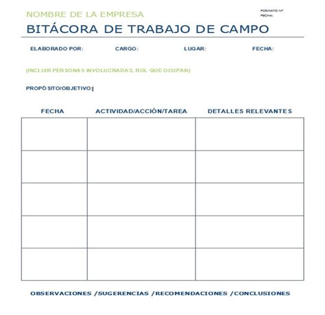 Bit Cora De Trabajo De Campo Ejemplos Y Formatos Excel Word Pdf