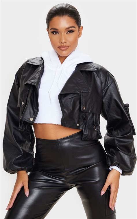black faux leather crop biker jacket prettylittlething ca
