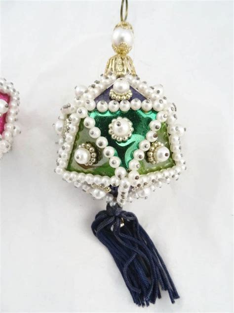 Vintage 2 Victorian Christmas Ornament Beaded Home Made Blue