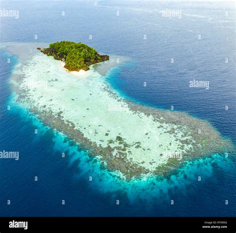 Aerial View Of A Remote Island Surrounded By A Beautiful Coral Reef