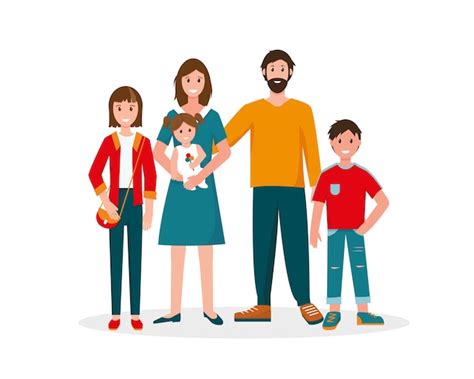 portrait de famille heureuse père mère et trois enfants illustration sur fond blanc