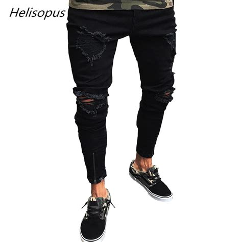 helisopus fashion new men s straight pants elastic slim fit jeans solid color black casual