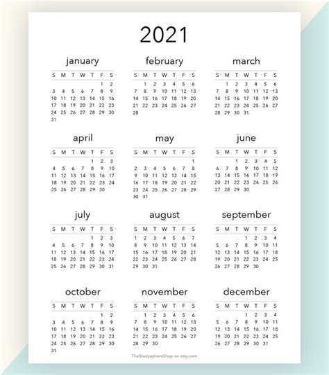 2021 Year At A Glance 2021 Calendar Yearly Overview Yearly Etsy Australia
