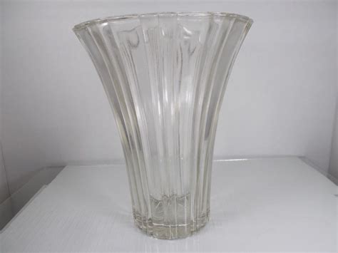 Vintage Large Heavy Clear Glass Flower Vase Fluted 7 Tall 1930 S 40 S 50 S Vase Glass