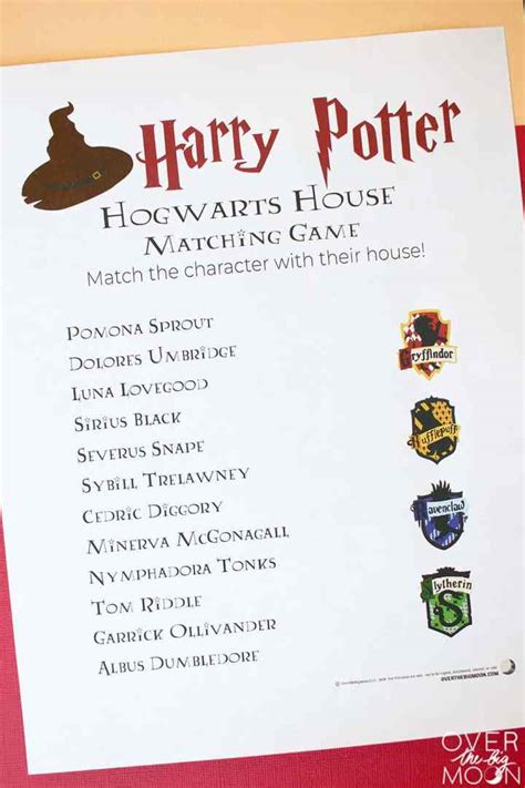 harry potter house matching printable game over the big moon