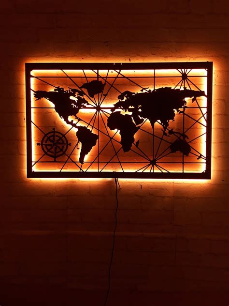 World Map Wall Decoration With Led Light Wall Art T For Etsy