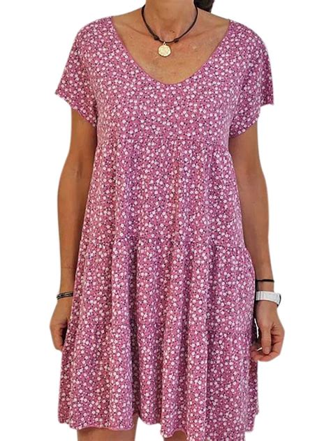 Womens Summer Plus Size Floral Short Sleeve Mini Dress Loose Swing Sundress