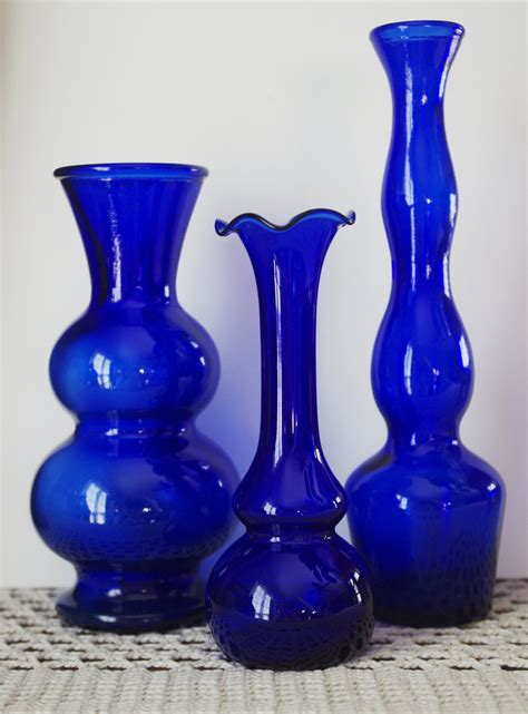 Three Cobalt Blue Glass Vases 1950s Etsy Blue Glass Vase Glass Vase Blue Glass Jug
