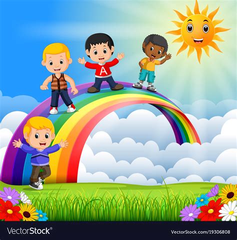 Happy Kids Standing Over The Rainbow Royalty Free Vector