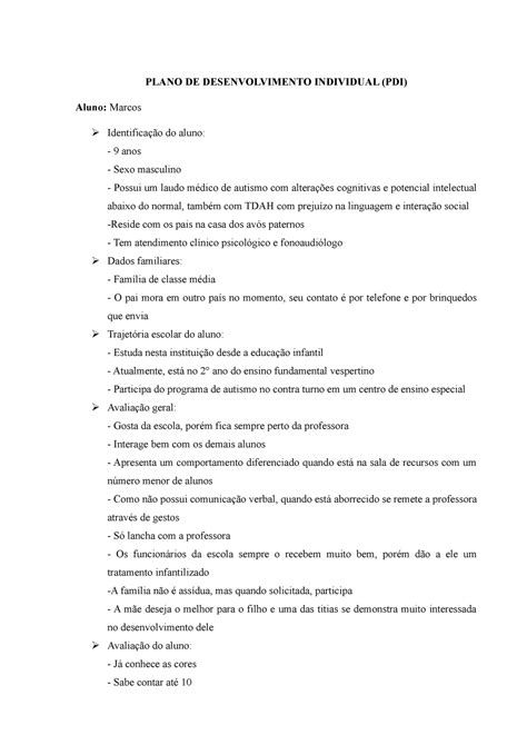 Pdi Plano De Desenvolvimento Individual Plano De Desenvolvimento Individual Pdi Aluno