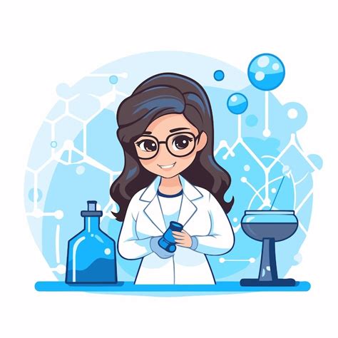 Mulher Cientista Com Casaco De Laboratório E óculos Segurando Um Frasco Com Líquido Químico