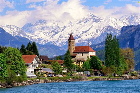 Lake Village Alps Switzerland Mountains Houses For