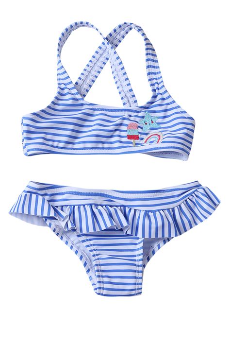 China Embroidery Logo Blue Nautical Stripes Toddler Girls Two Piece