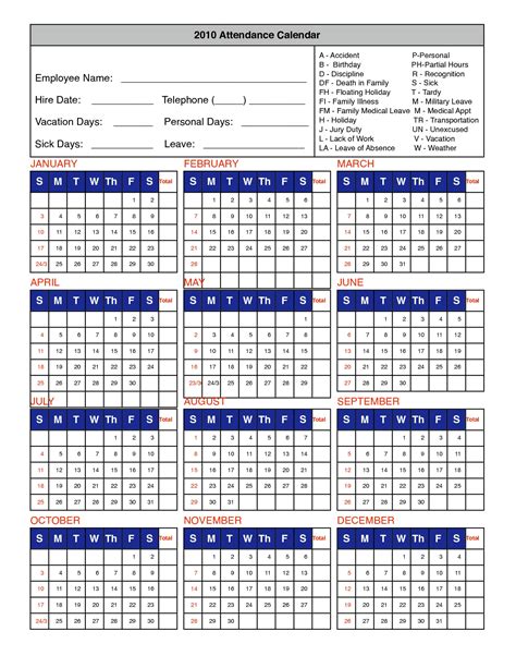 Attendance Calendars For Employee Template Calendar Template Printable