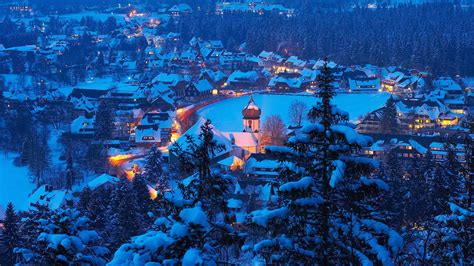 Beautiful View Of Snow Covered House With Lights Trees Village Hd Bing