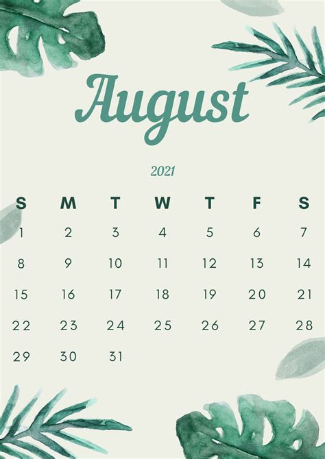 Printable August 2021 Cute Calendar Design Floral Theme Layout In 2021