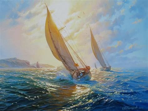 Sail Boat Painting By Alexander Shenderov Ocean Painting Large Etsy