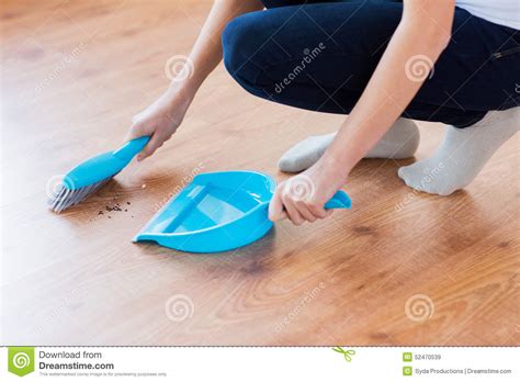 Close Up Of Woman With Brush And Dustpan Sweeping Stock Image Image