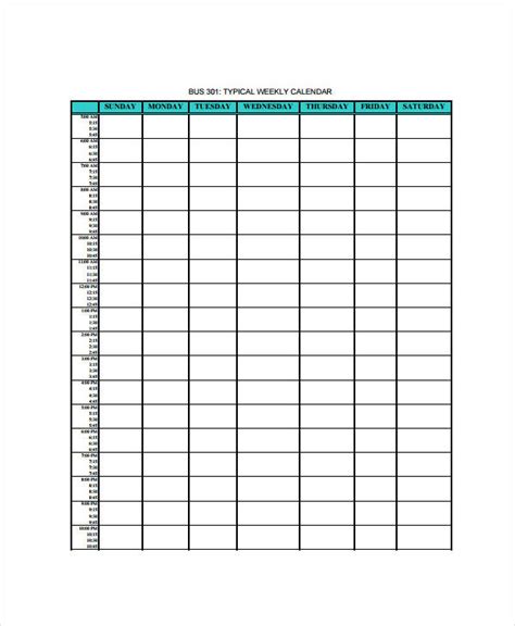 Blank Editable Weekly Calendar