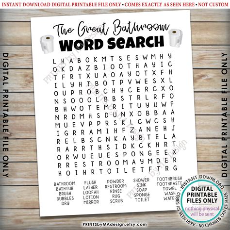 The Great Bathroom Word Search, Fun Bathroom Puzzle, Silly Housewarming